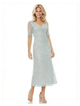 Elegant Chiffon V-Neck Half Sleeves Lace Applique Unique Midi Mother of The Bride Dresses