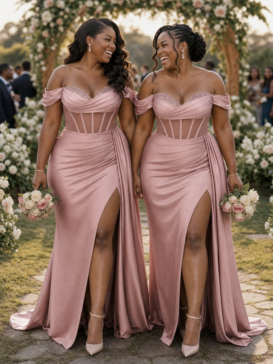 ChicSew Unique Off The Shoulder Boning Side Slit Mermaid Soft Satin Long Bridesmaid Dresses