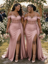 ChicSew Unique Off The Shoulder Boning Side Slit Mermaid Soft Satin Long Bridesmaid Dresses