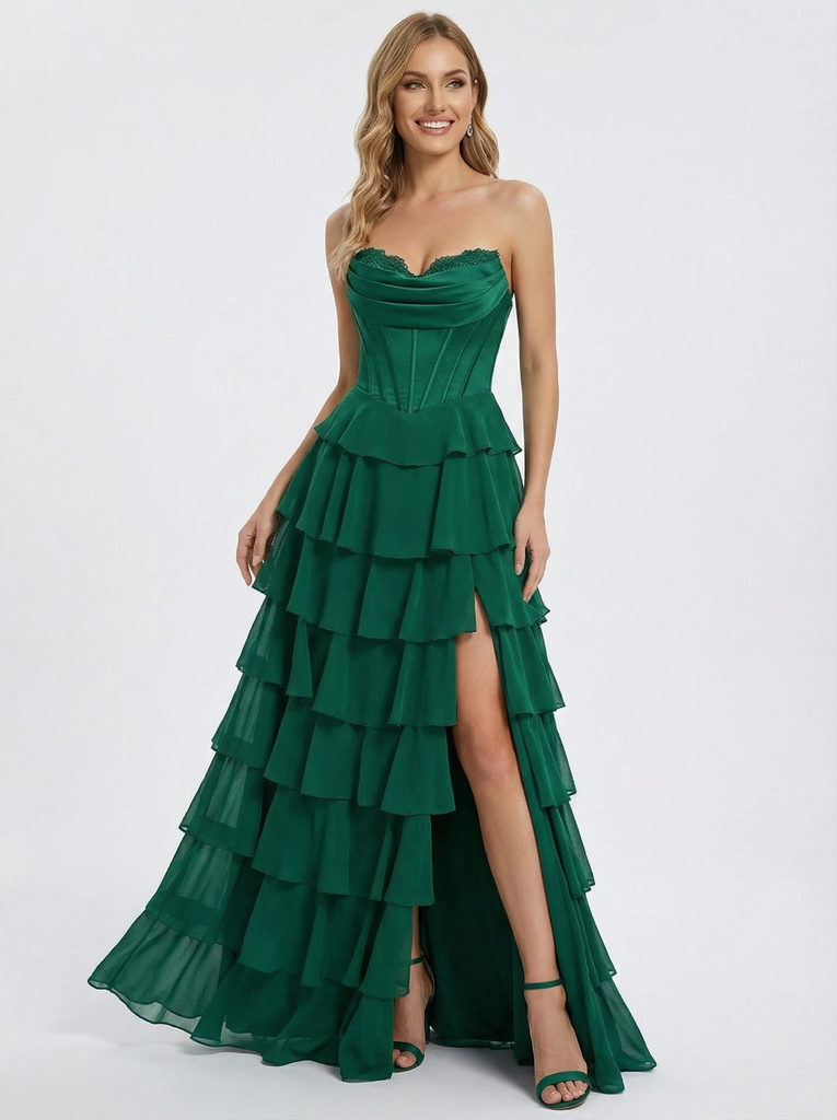 Modern Chiffon Ruffles Strapless A-line Corset Prom Dresses with Slit