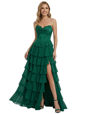 ChicSew Modern Chiffon Ruffles Strapless A-line Corset Prom Dresses with Slit