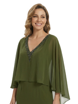 Beautiful V-Neck Cap Sleeves Beaded Chiffon Long Mother Of The Bride Dress