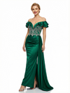 Heavily Beaded Off The Shoulder Long Satin Mermaid Party Prom Dress