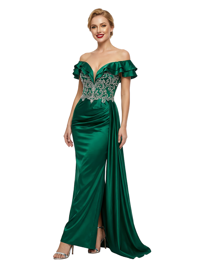 ChicSew Heavily Beaded Off The Shoulder Long Satin Mermaid Party Prom Dress