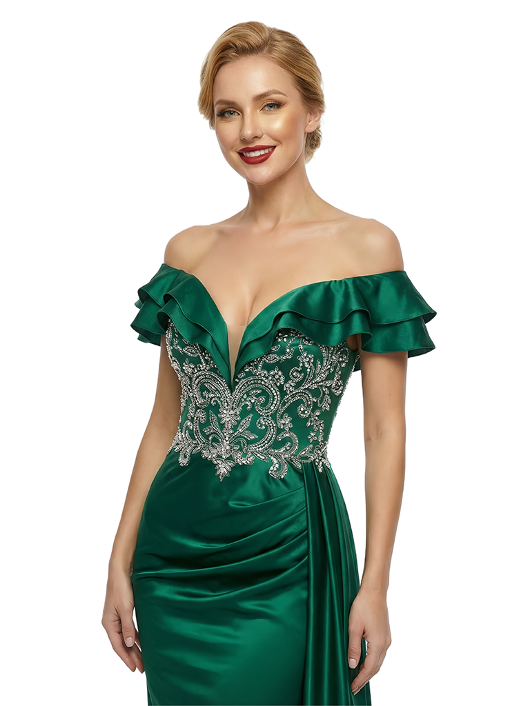 ChicSew Heavily Beaded Off The Shoulder Long Satin Mermaid Party Prom Dress
