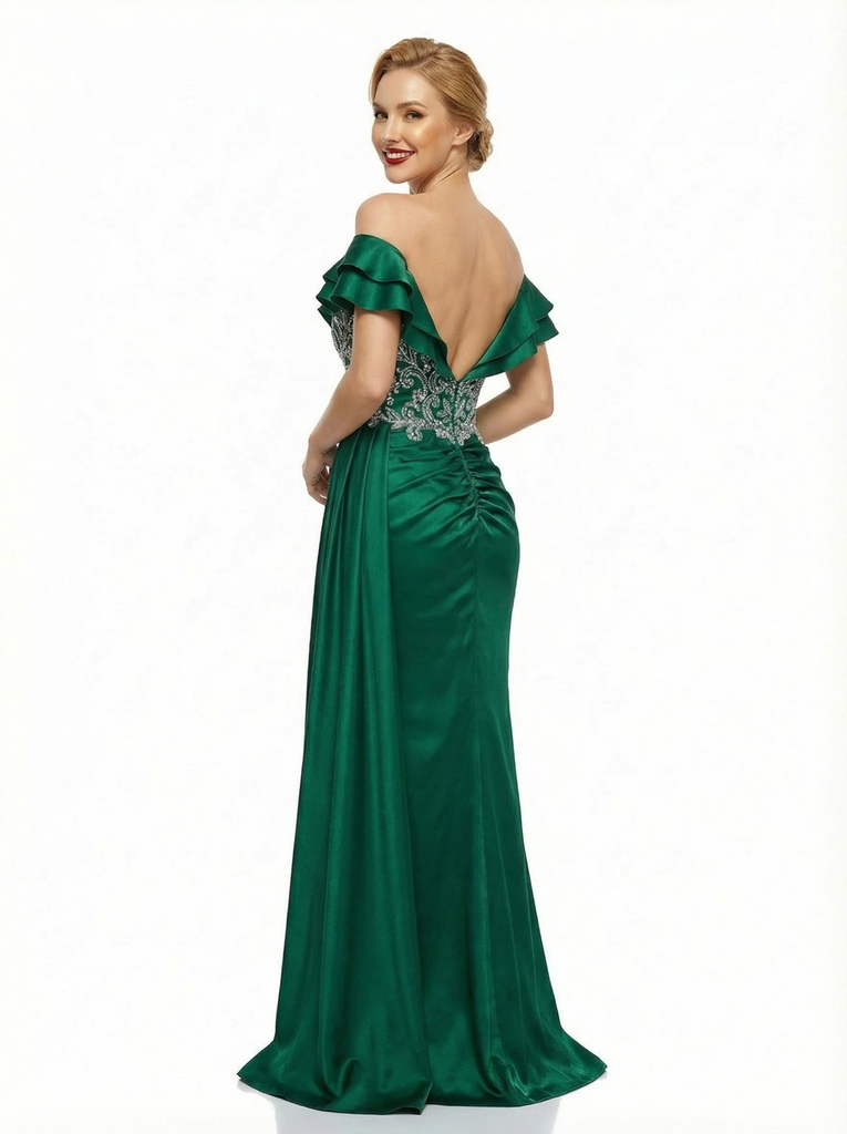Heavily Beaded Off The Shoulder Long Satin Mermaid Party Prom Dress