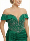 Elegant Beaded Off the Shoulder Satin Corset Evening Gown with Waist Drape