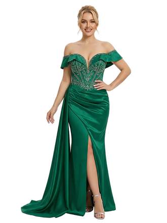 ChicSew Elegant Beaded Off the Shoulder Satin Corset Evening Gown with Waist Drape