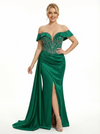 Elegant Beaded Off the Shoulder Satin Corset Evening Gown with Waist Drape