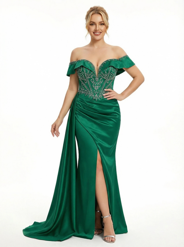 Elegant Beaded Off the Shoulder Satin Corset Evening Gown with Waist Drape