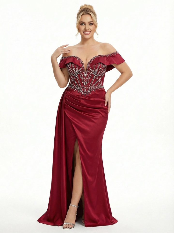 Stunning Off The Shoulder Beaded Satin Corset Prom Dress With Waist Drape