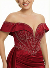 Stunning Off The Shoulder Beaded Satin Corset Prom Dress With Waist Drape