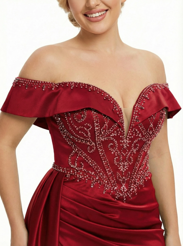 Stunning Off The Shoulder Beaded Satin Corset Prom Dress With Waist Drape