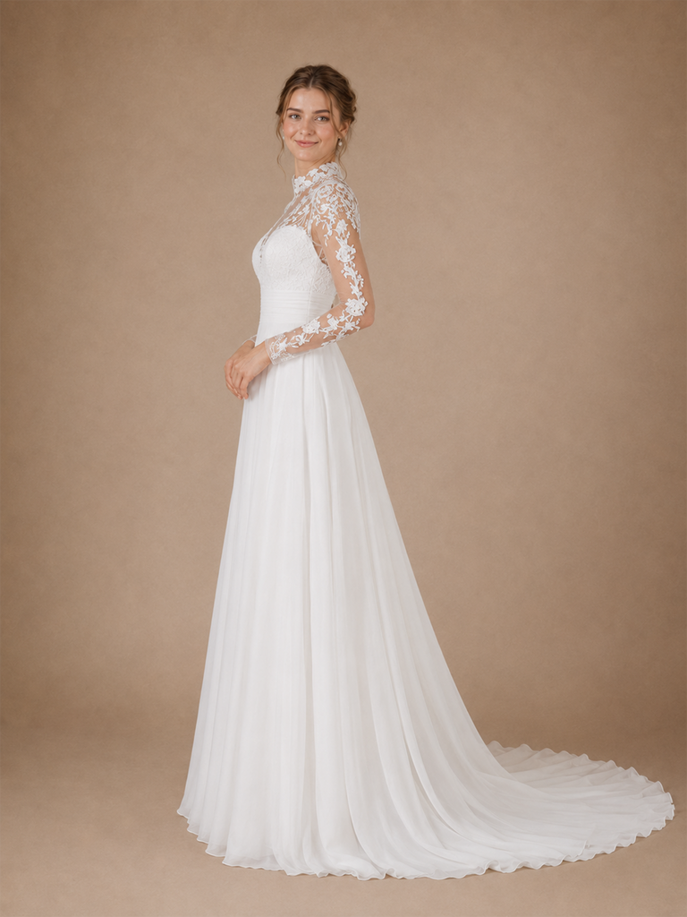 ChicSew Classy High Neck Long Sleeves Lace Chiffon A-Line Maxi Wedding Dress