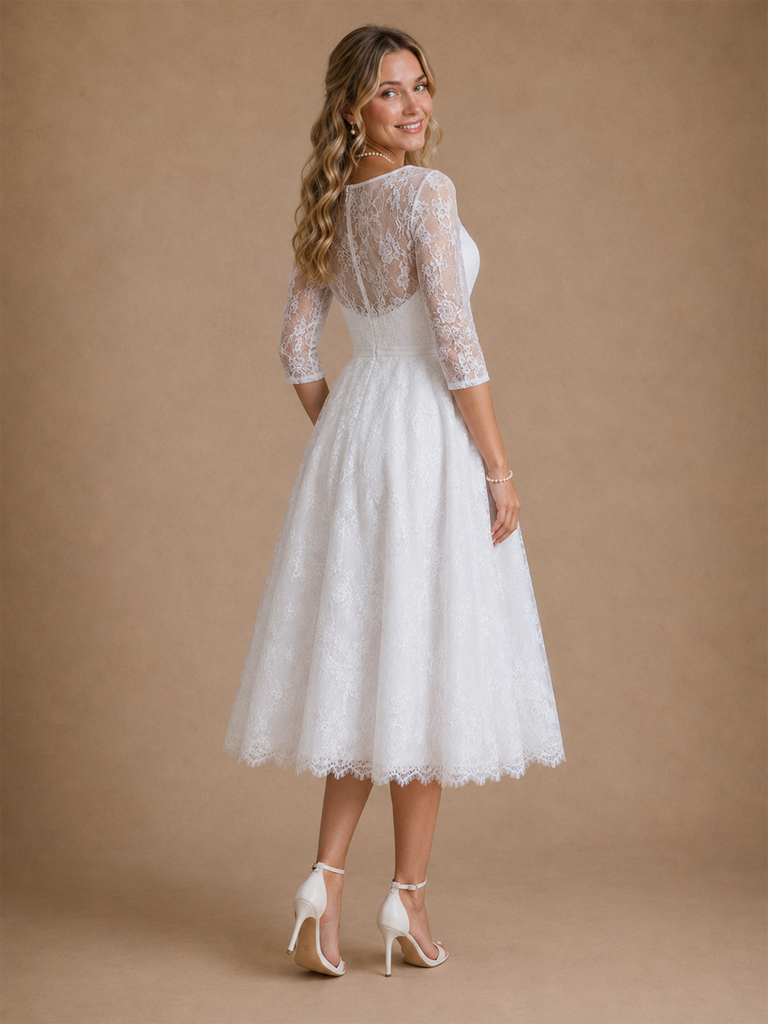 ChicSew Elegant Bateau 3/4 Sleeves Lace A-Line Tea-Length Wedding Dresses