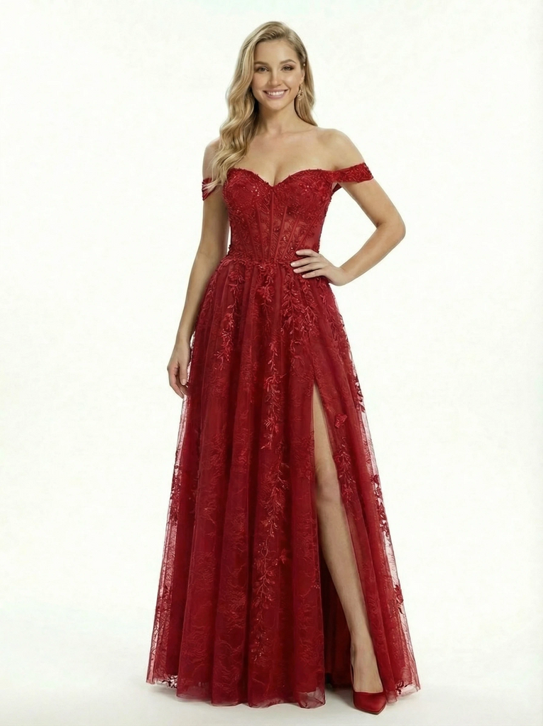 Sexy Off the Shoulder A Line Prom Dress with Floral Lace Appliques