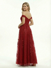 Pretty Lace Applique Off the Shoulder A-Line Tulle Prom Party Gown
