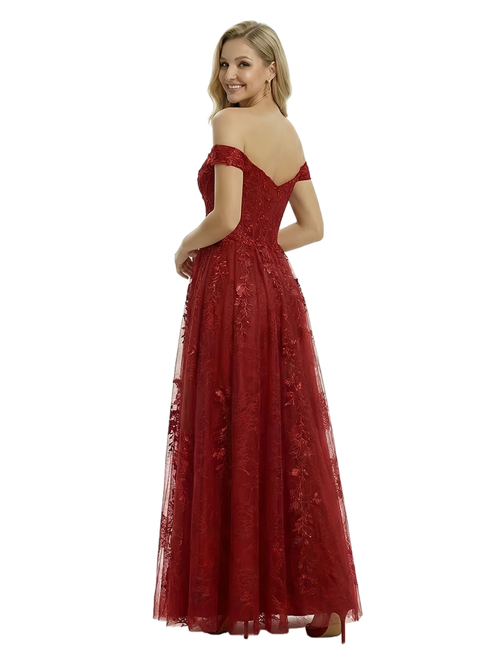ChicSew Pretty Lace Applique Off the Shoulder A-Line Tulle Prom Party Gown