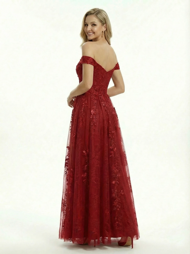 Sexy Off the Shoulder A Line Prom Dress with Floral Lace Appliques