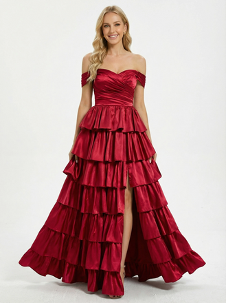 Elegant Off Shoulder Tiered Ruffle Satin A-Line Corset Prom Dress with Slit