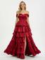 Elegant Off Shoulder Tiered Ruffle Satin A-Line Corset Prom Dress with Slit