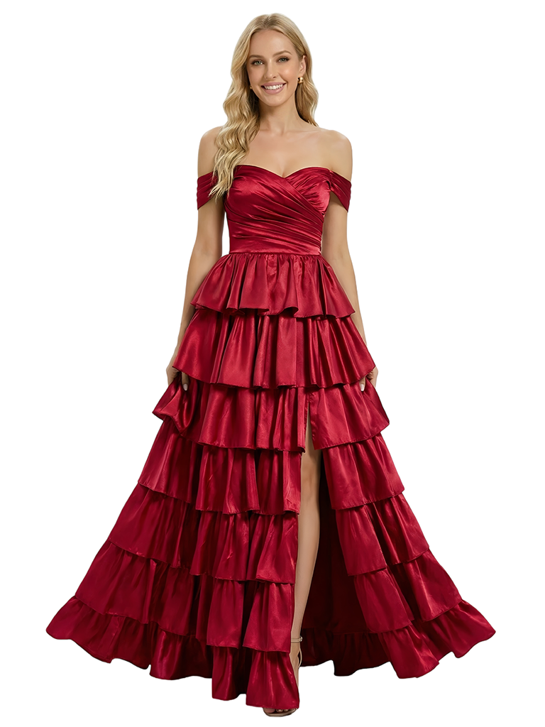 ChicSew Unique Off Shoulder Ruffles Side Slit Satin Floor Length A-Line Formal Evening Dress