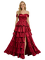 ChicSew Unique Off Shoulder Ruffles Side Slit Satin Floor Length A-Line Formal Evening Dress