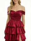 Elegant Off Shoulder Tiered Ruffle Satin A-Line Corset Prom Dress with Slit