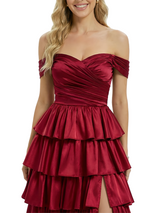 ChicSew Unique Off Shoulder Ruffles Side Slit Satin Floor Length A-Line Formal Evening Dress