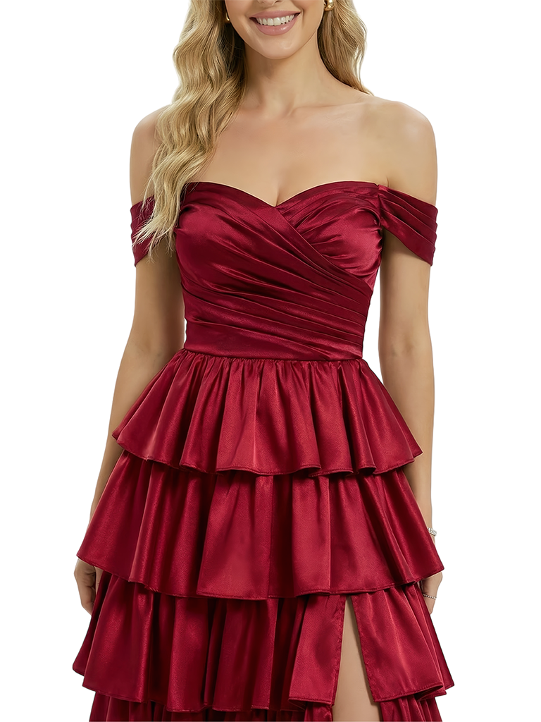 ChicSew Unique Off Shoulder Ruffles Side Slit Satin Floor Length A-Line Formal Evening Dress