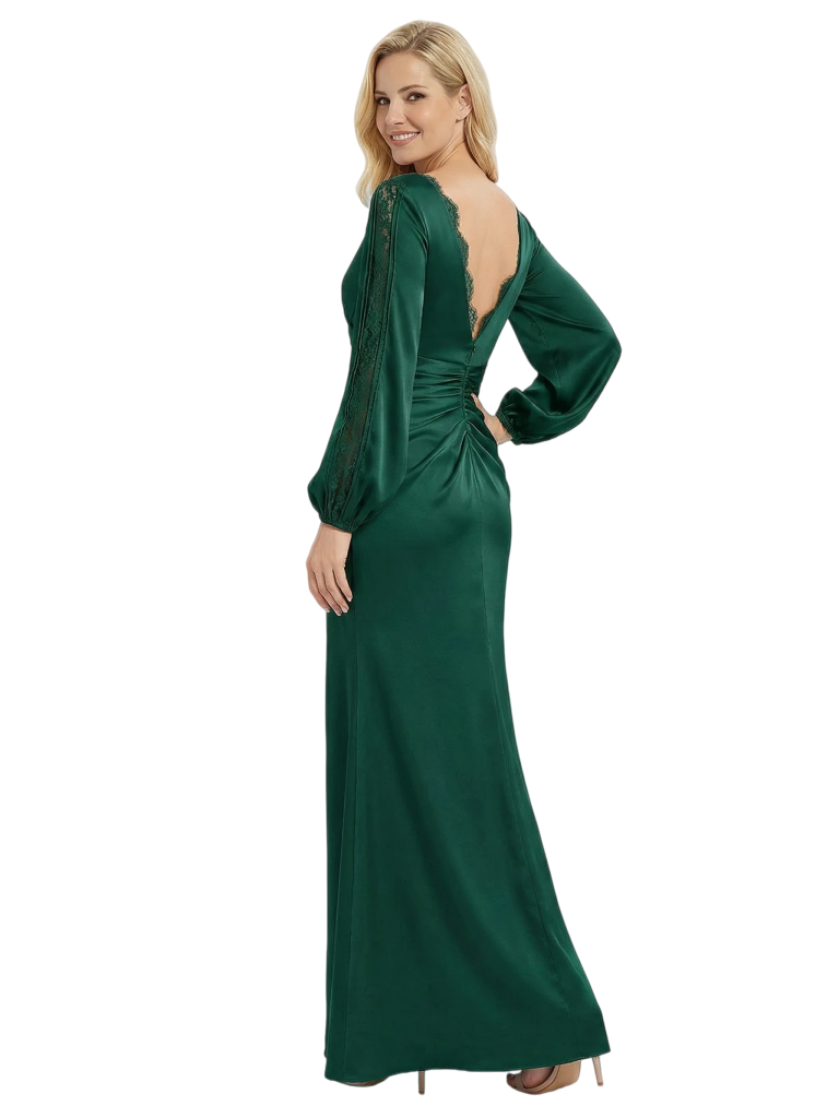 Elegant long Sleeves Jewel Floor-Length Pleat Satin Mother of the Groom Evening Dress