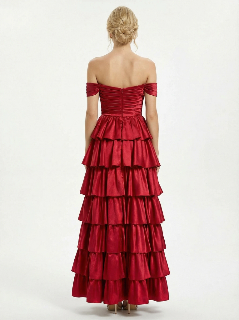 Elegant Off Shoulder Tiered Ruffle Satin A-Line Corset Prom Dress with Slit