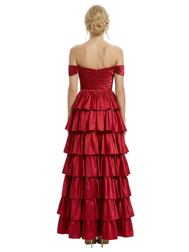 ChicSew Unique Off Shoulder Ruffles Side Slit Satin Floor Length A-Line Formal Evening Dress