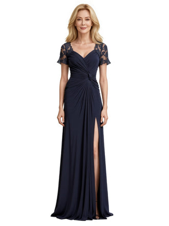 Elegant Short Sleeves V-Neck Lace Chiffon A-line Mother of The Bride Dresses