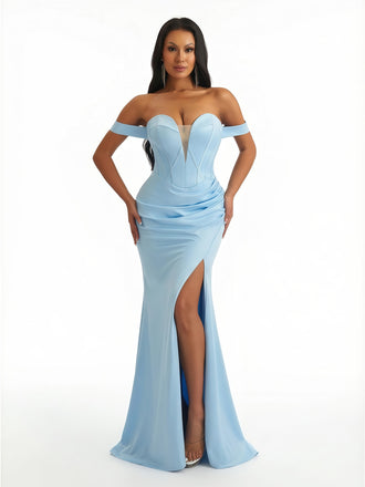 Sexy Off The Shoulder Sweetheart Mermaid Ruched Satin Long Formal Dresses Side Slit