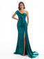 Elegant One Shoulder Mermaid Side Slit Metallic Stretch Shiny Fabric Long Bridesmaid Dresses Online