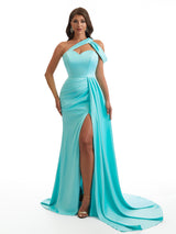 Sexy One Shoulder Mermaid Side Slit Soft Satin Maxi Bridesmaid Dresses Online