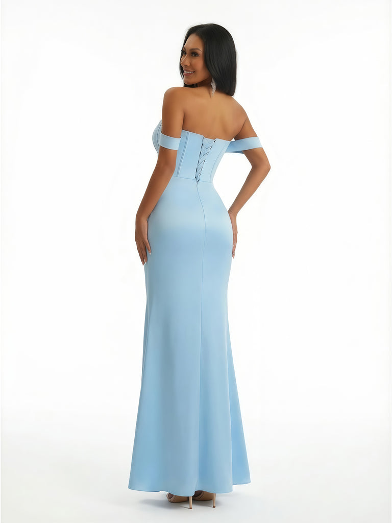 Sexy Off The Shoulder Sweetheart Mermaid Ruched Satin Long Formal Dresses Side Slit