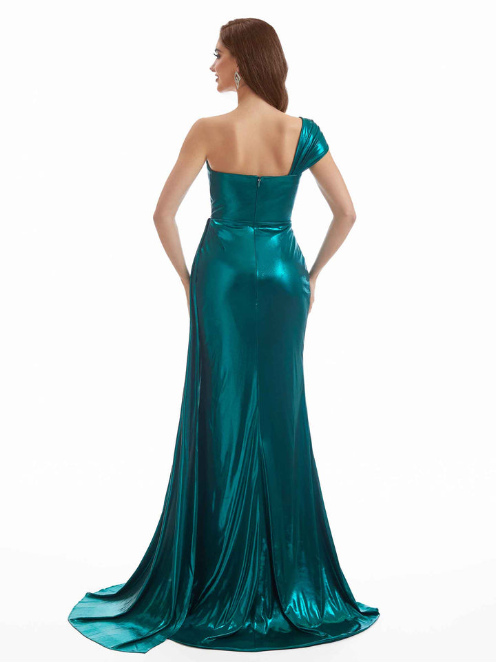 Elegant One Shoulder Mermaid Side Split Sparkly Metallic Long Formal Dresses Online