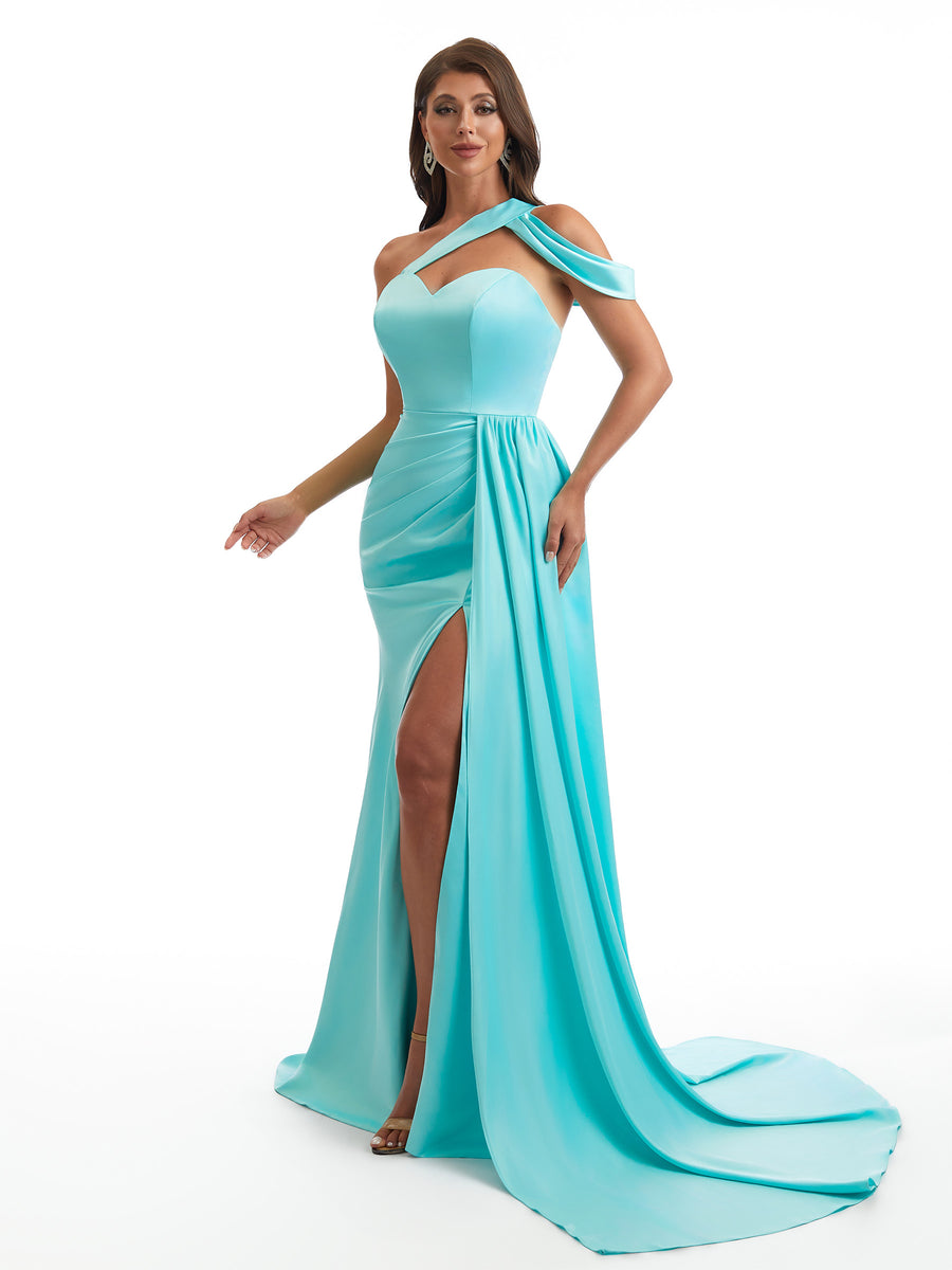 Sexy One Shoulder Mermaid Side Slit Soft Satin Maxi Bridesmaid Dresses Online