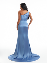 Sexy Mermaid One Shoulder Side Slit Soft Satin Long Bridesmaid Dresses Online