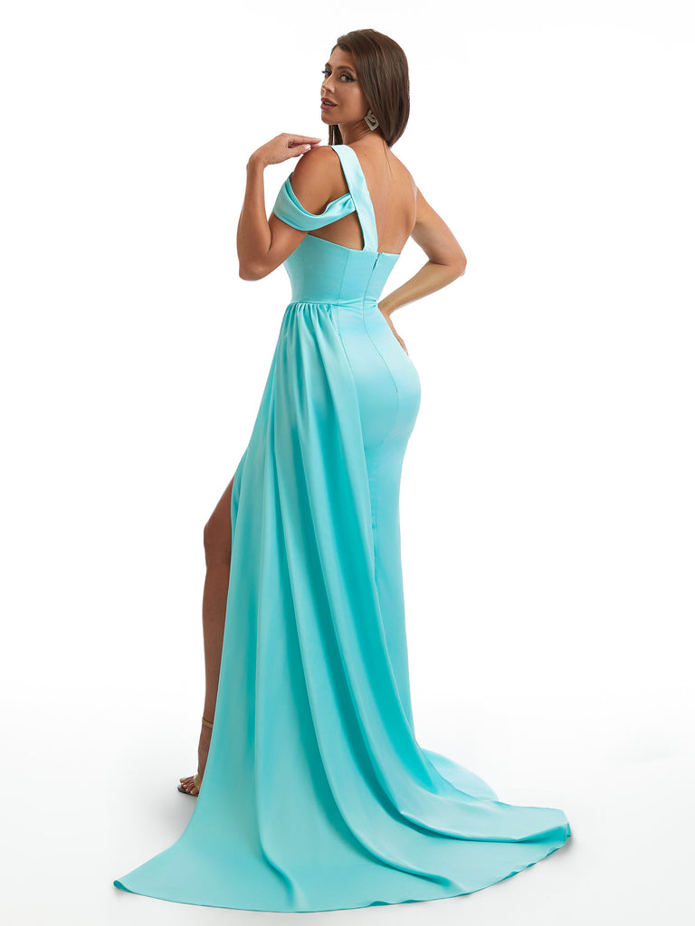 Sexy One Shoulder Mermaid Side Slit Soft Satin Maxi Bridesmaid Dresses Online