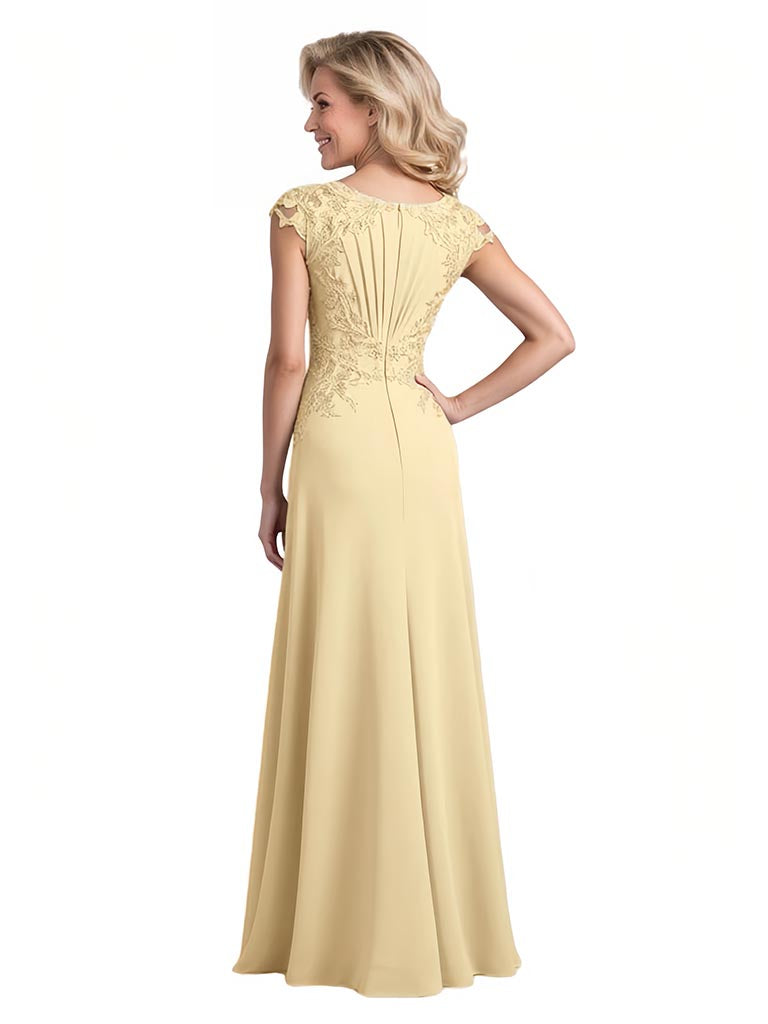 Elegant Side Slit A-Line V-Neck Soft Satin Cap Sleeves Long Mother of the Brides Dresses
