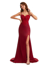 Sexy Side Slit Mermaid Silky Satin V-neck Lace Unique Long Bridesmaid Dresses Online