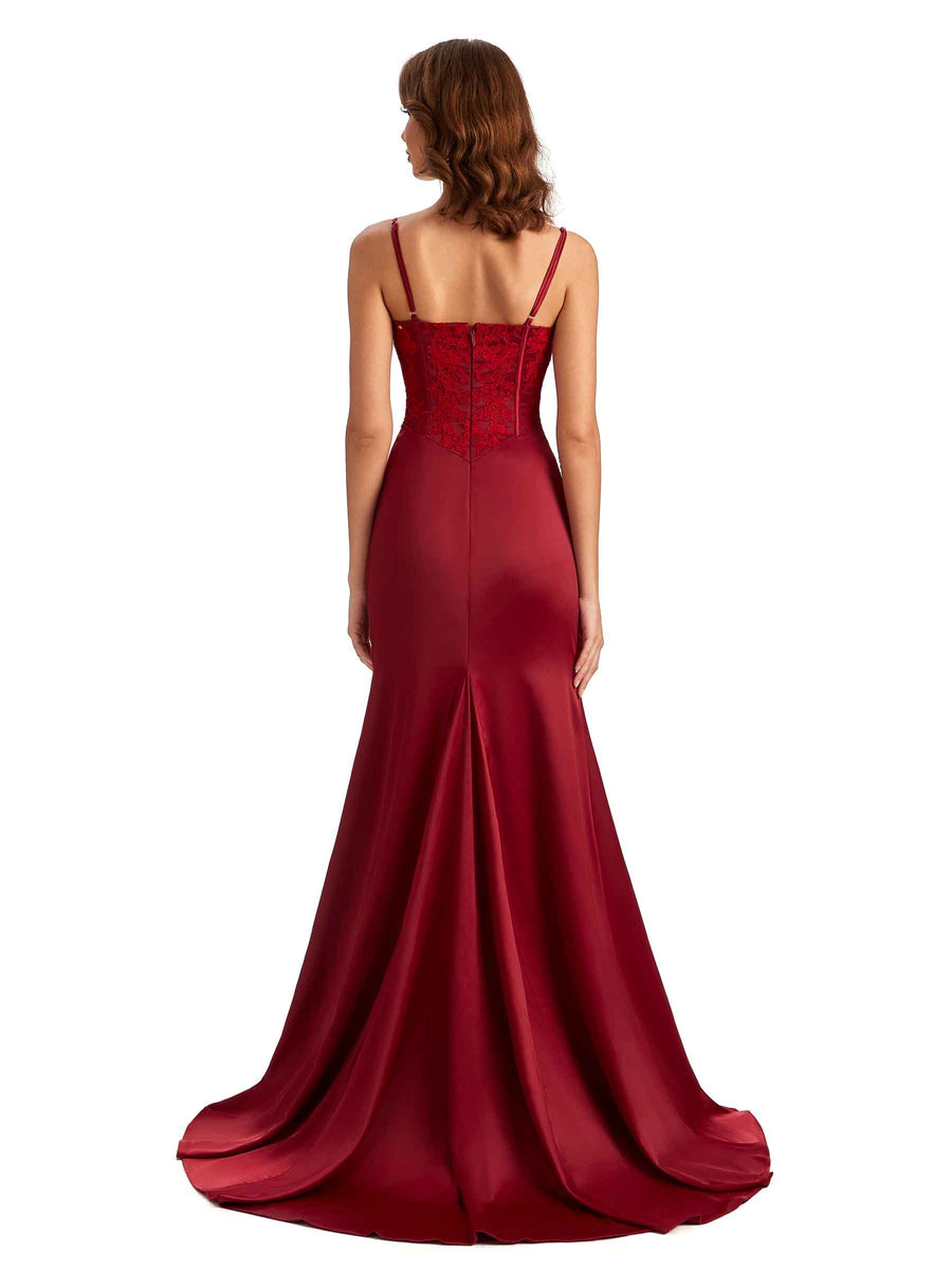 Sexy Side Slit Mermaid Silky Satin V-neck Lace Unique Long Bridesmaid Dresses Online