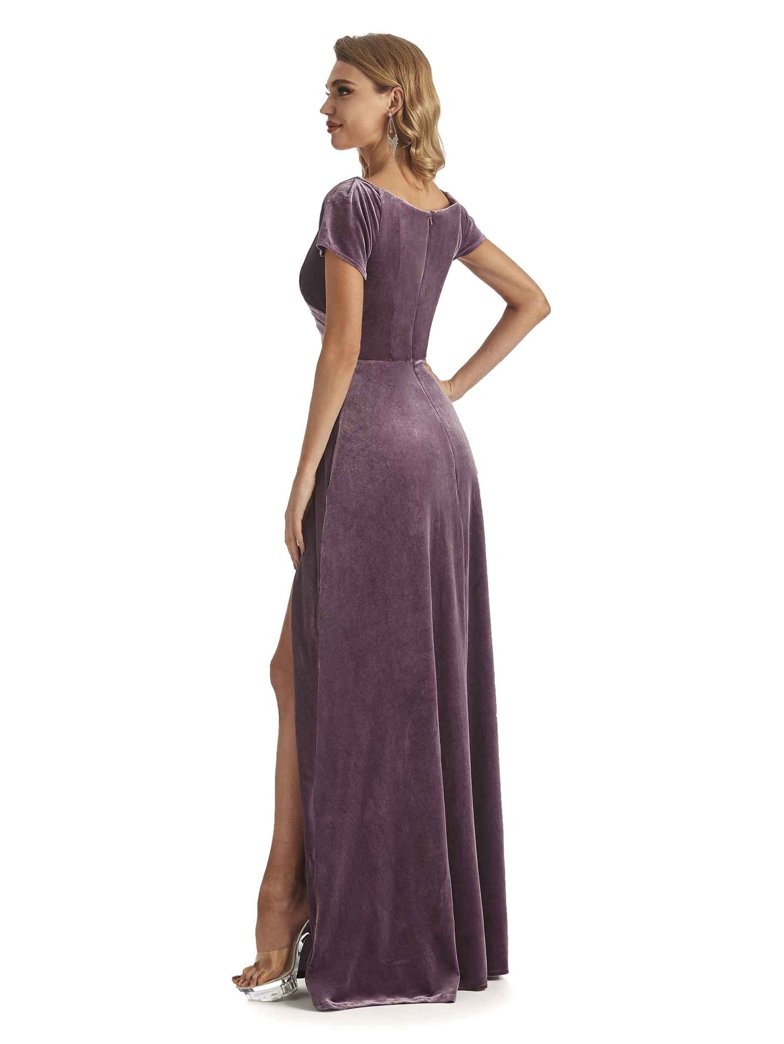 Winter Short Sleeves Velvet Long Bridesmaid Dresses