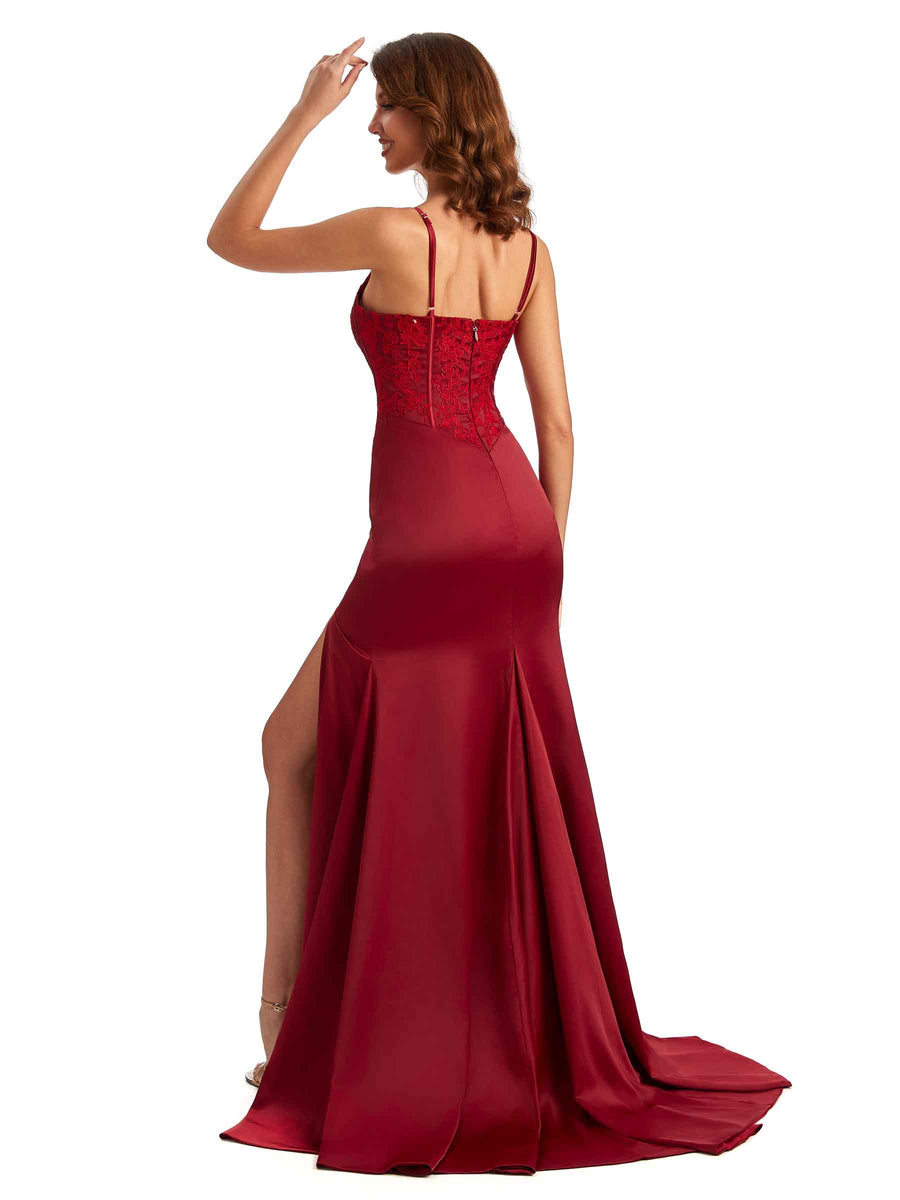 Sexy Side Slit Mermaid Silky Satin V-neck Lace Unique Long Bridesmaid Dresses Online