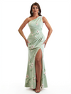 Simple One Shoulder Side Slit Mermaid Floral Satin Maxi Floral Formal Dresses For Women