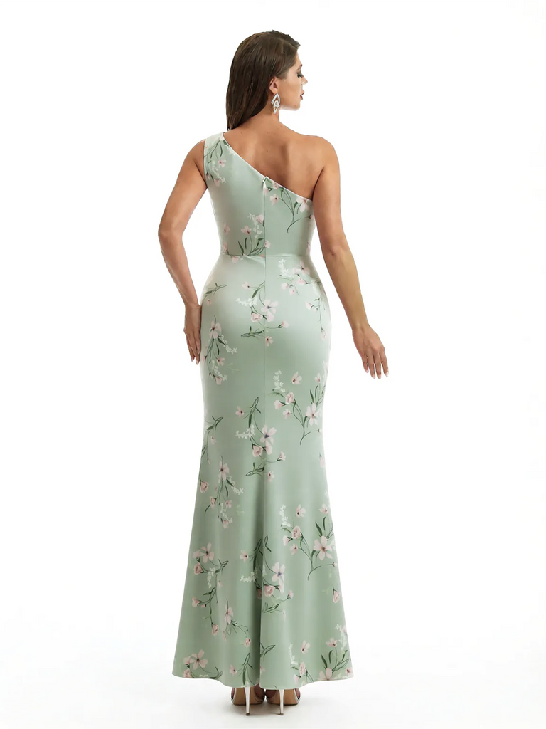 Simple One Shoulder Side Slit Mermaid Floral Satin Maxi Floral Formal Dresses For Women
