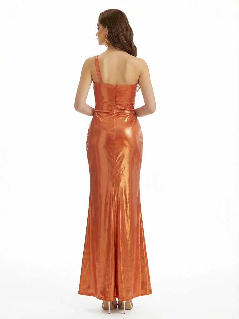 Sexy One Shoulder Mermaid Metallic Shiny Fabric Long Formal Dresses